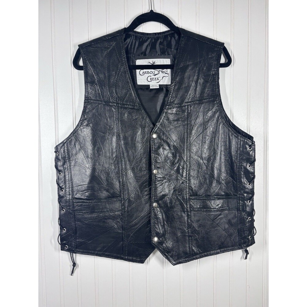 Caribou Creek Leather Patchwork Biker Vest Mens XL Black Lambskin Snap